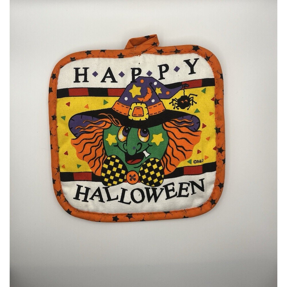 Vintage Happy Halloween/Fall Kitchen Pot Holder Quilted -Witch/Spider‎